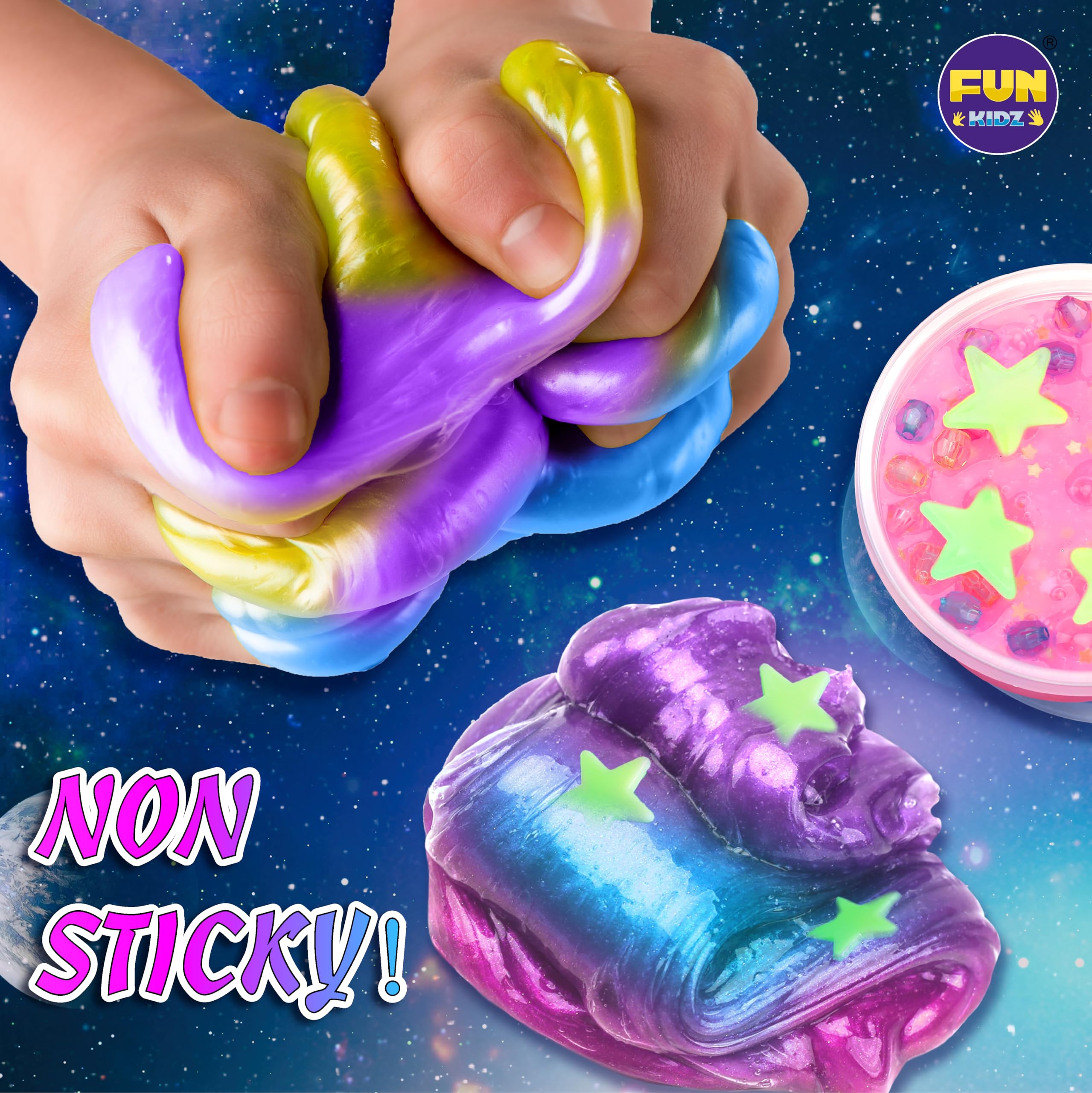 FunKidz Galaxy Slime Kit storage containers keep slime fresh.