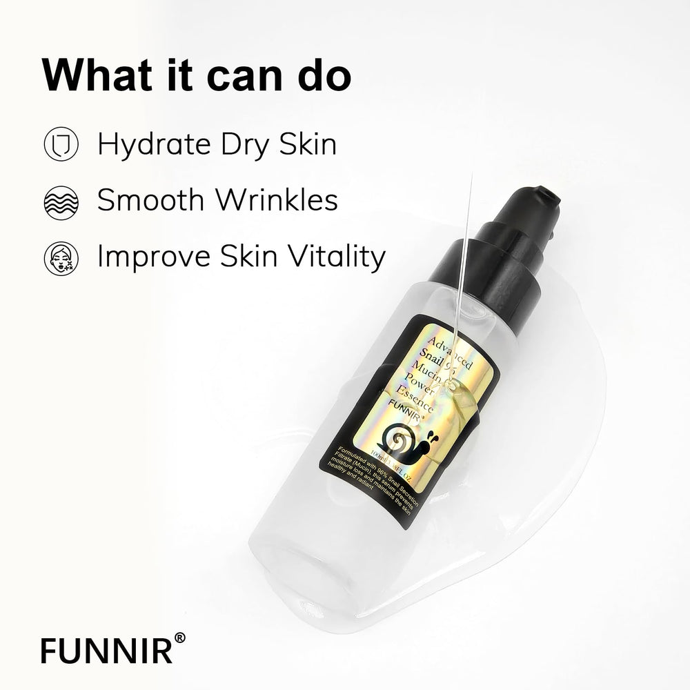 FUNNIR Snail Mucin 96% Essence absorption panel emphasizes fast hydration without greasiness