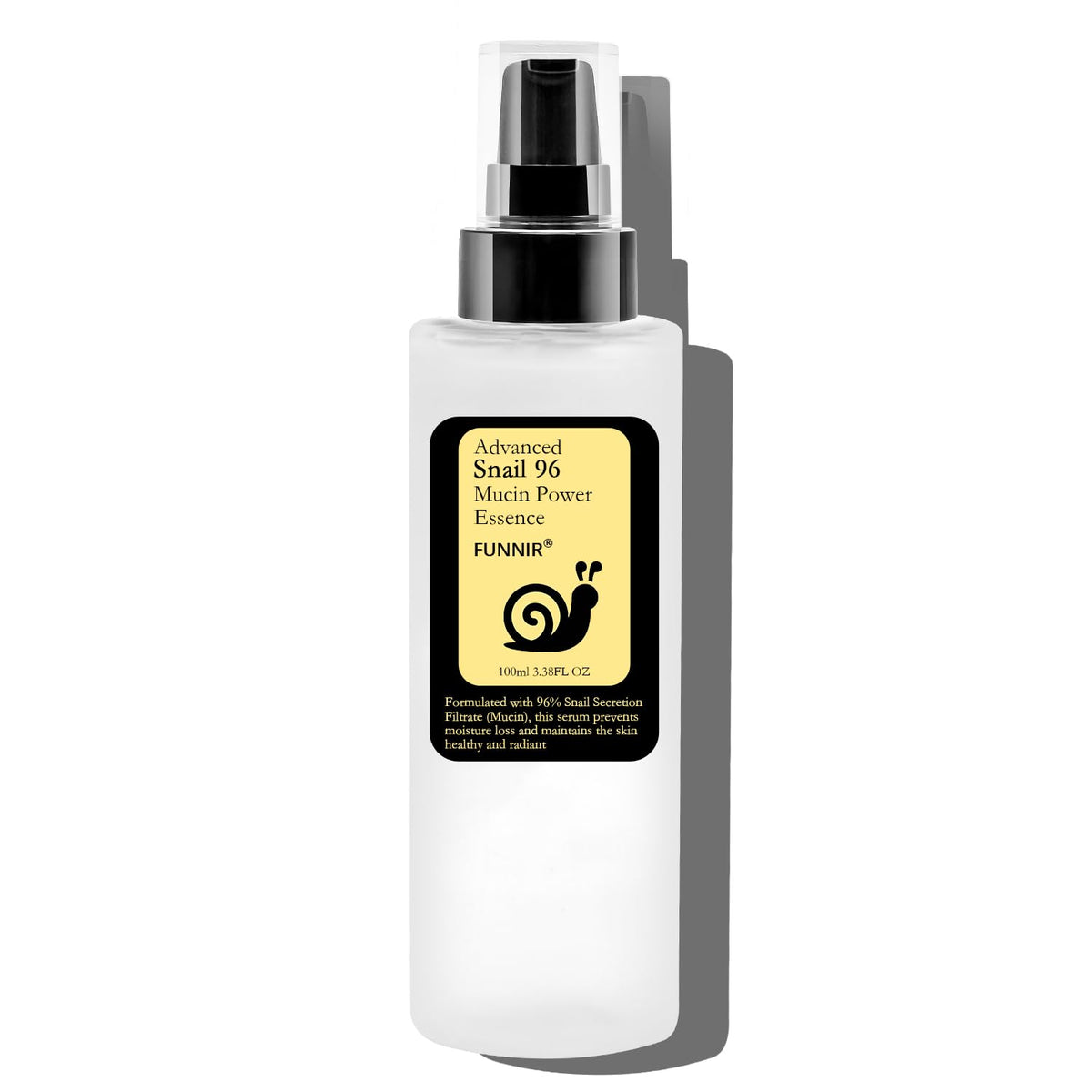 FUNNIR Snail Mucin 96% Essence bottle demonstrating lightweight hydration for all skin types