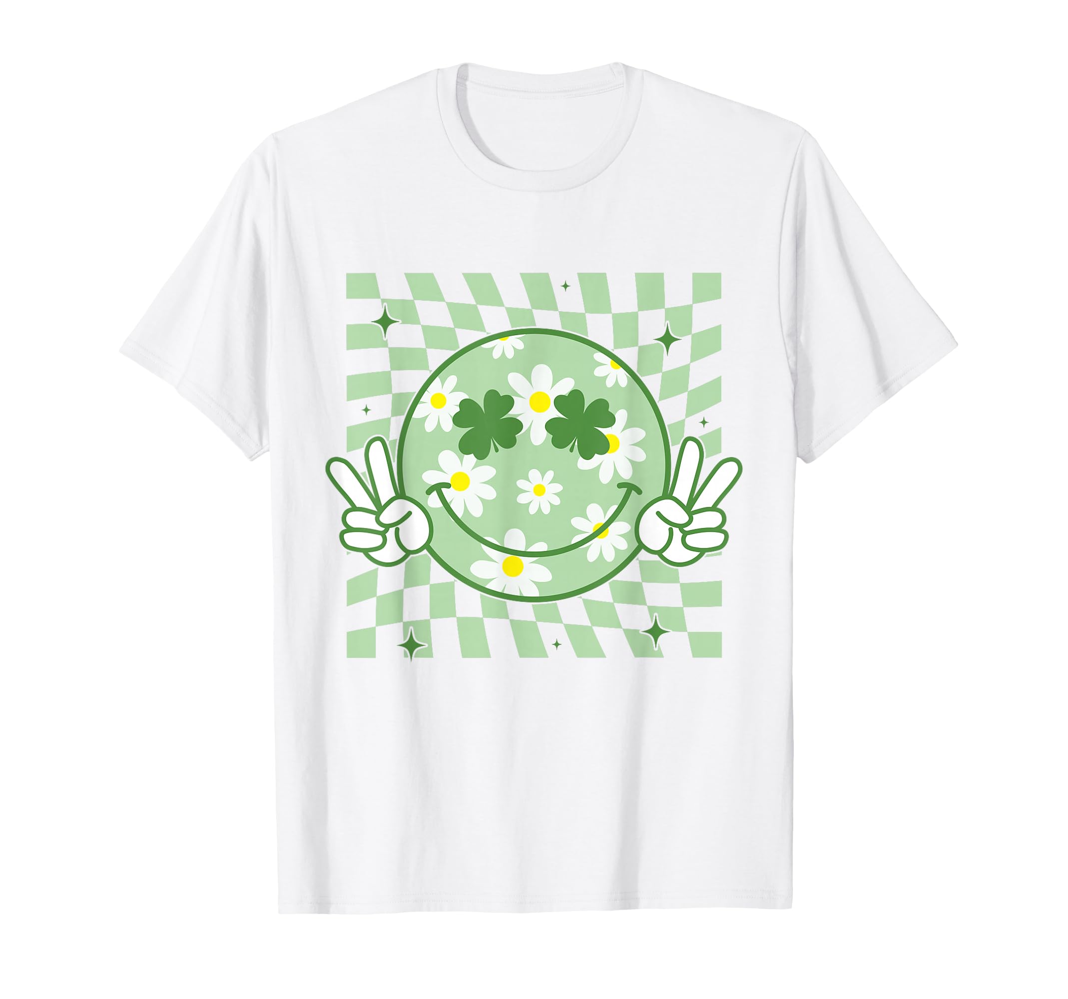 Funny St Patrick's Day groovy smile face T-shirt with shamrock design for all ages