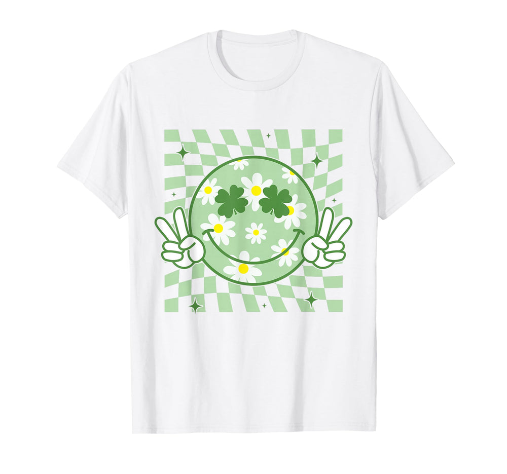 Funny St Patrick's Day groovy smile face T-shirt with shamrock design for all ages