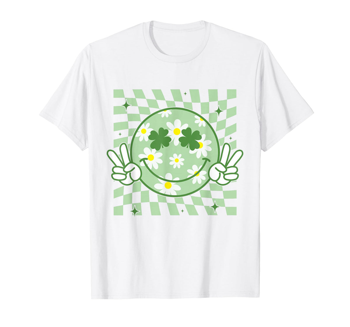 Funny St Patrick's Day groovy smile face T-shirt with shamrock design for all ages