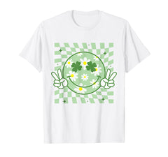 Funny St Patrick's Day groovy smile face T-shirt with shamrock design for all ages