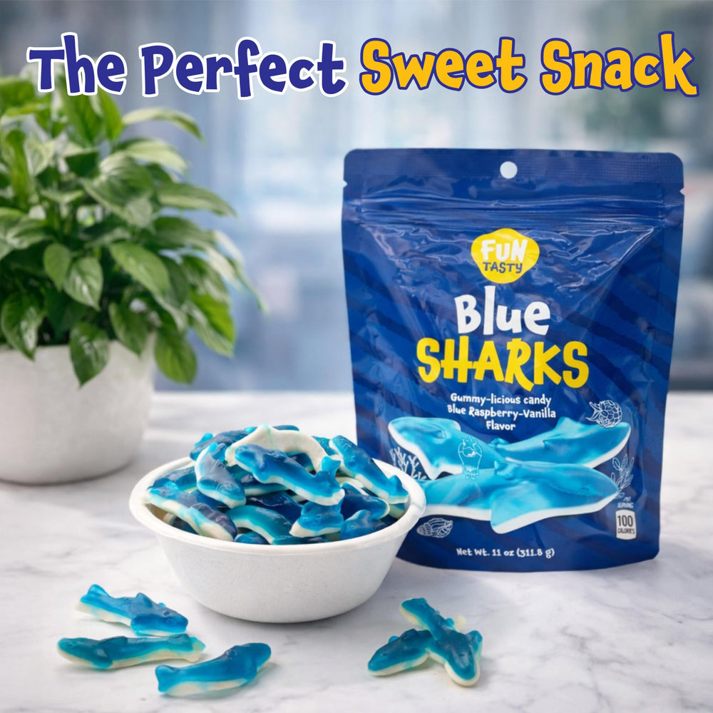 FUNTASTY Blue Sharks gummies used as a cake topper for an ocean-themed dessert.