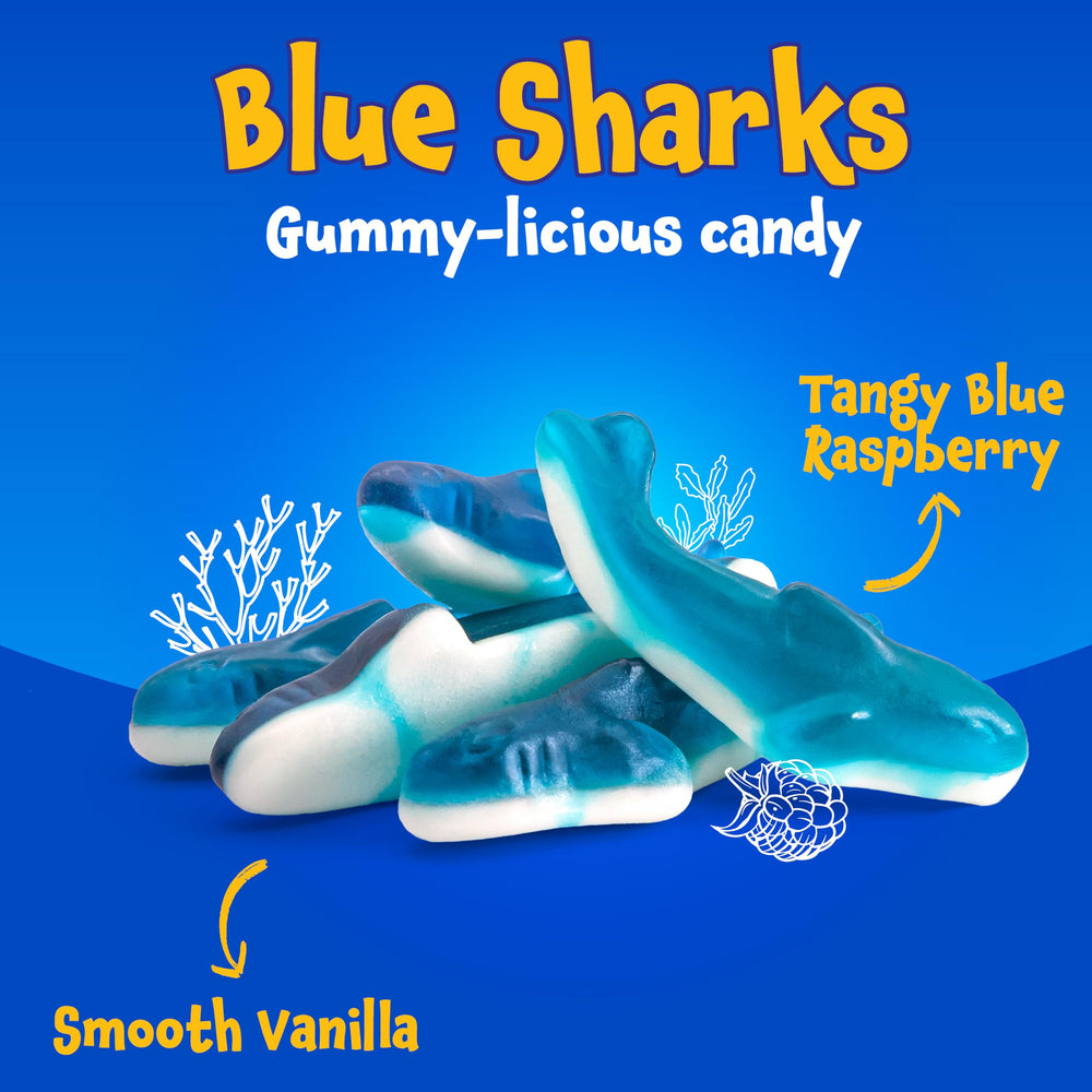 FUNTASTY Blue Sharks gummies in a jar, perfect for candy buffets and easy serving.
