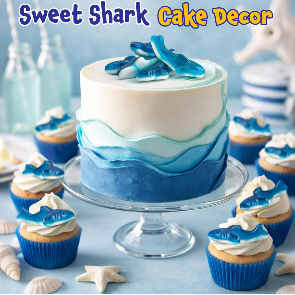 FUNTASTY Blue Sharks gummies on a dessert table with a blue ocean theme.