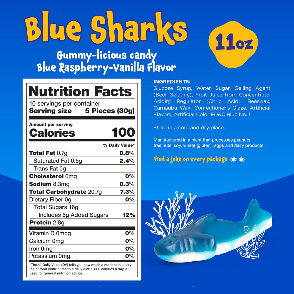 FUNTASTY Blue Sharks gummies arranged on a display for a colorful candy table.