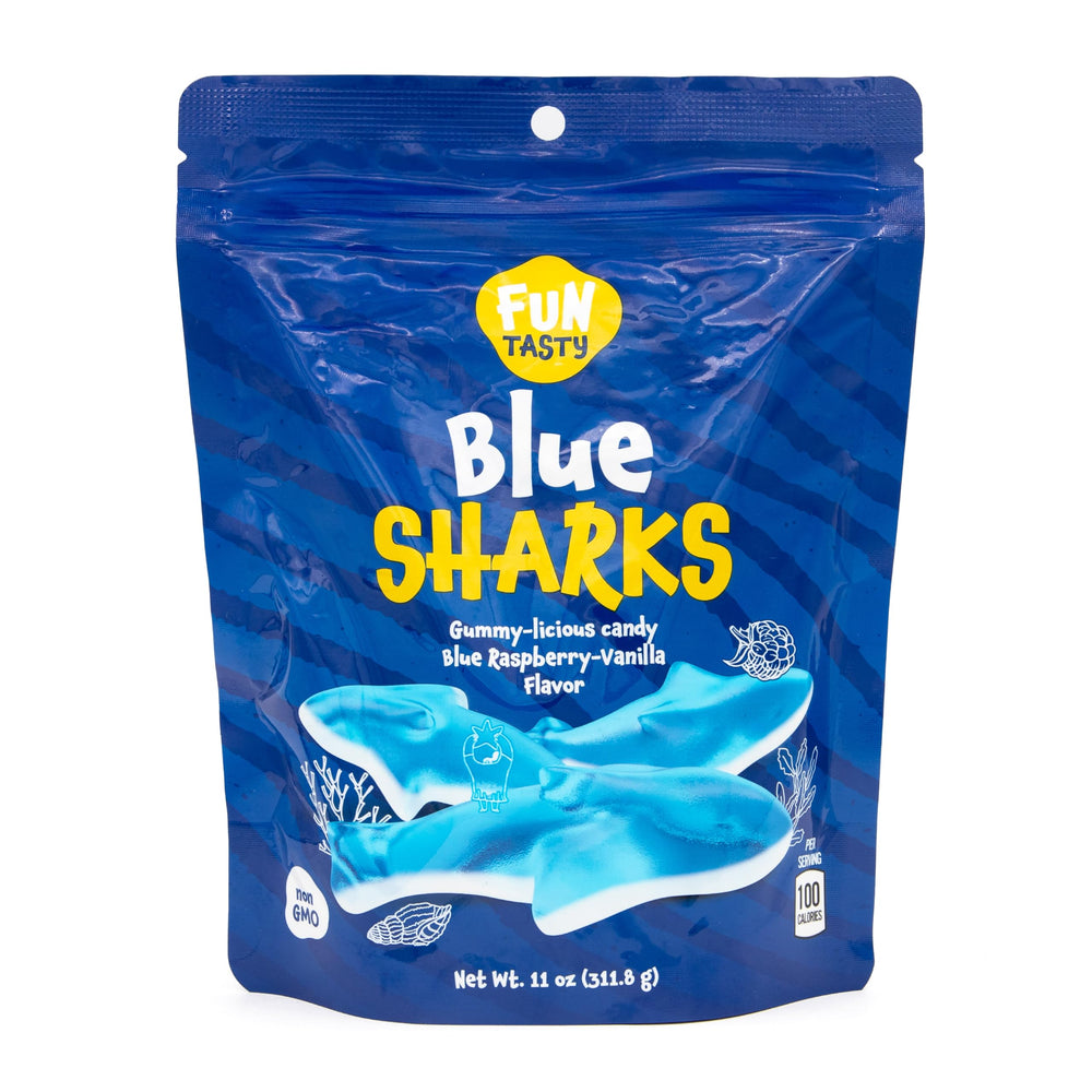 FUNTASTY Blue Sharks gummies in a bowl for quick snacking at gatherings.
