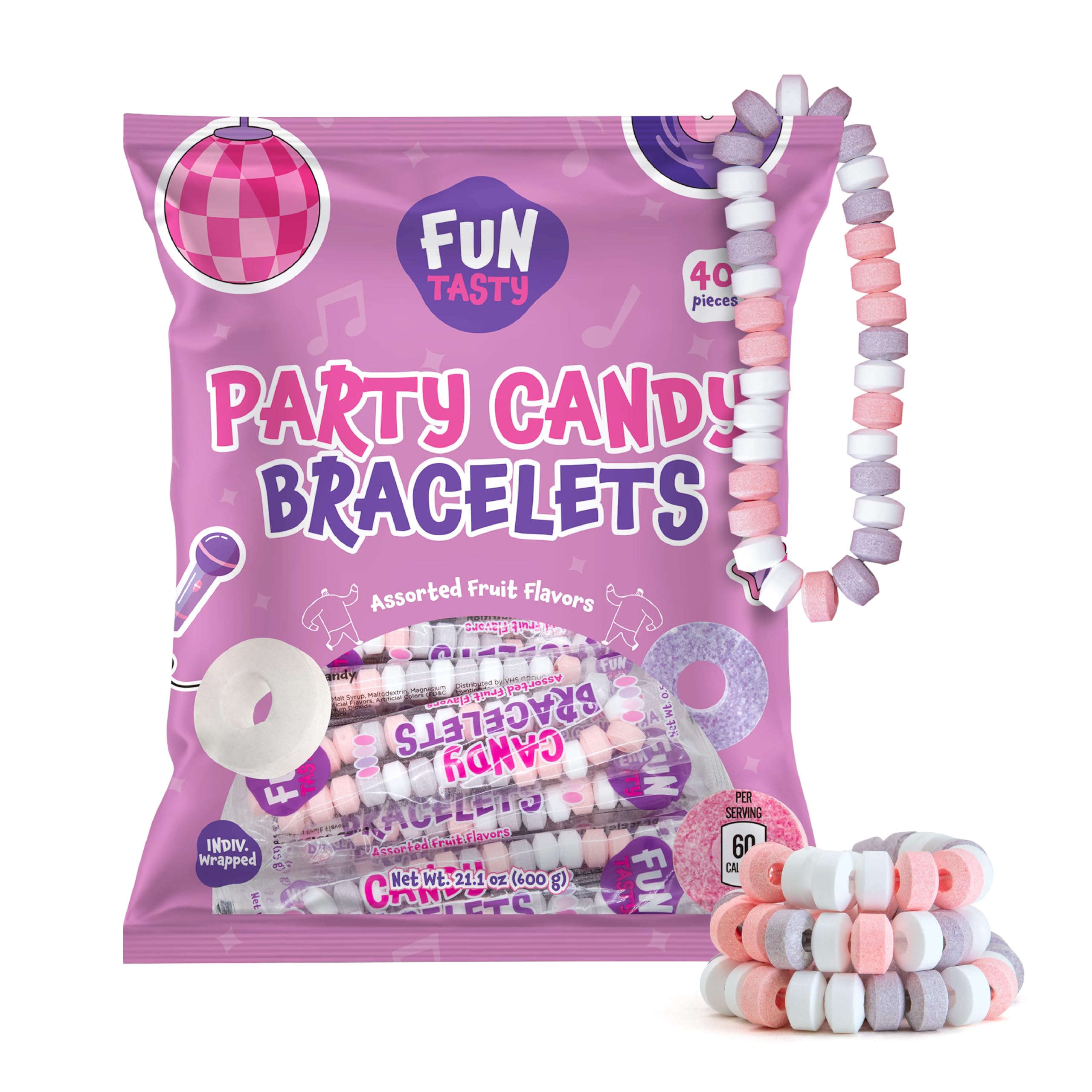 FUNTASTY candy bracelets 40-count in mixed fruit flavors for gift bags.
