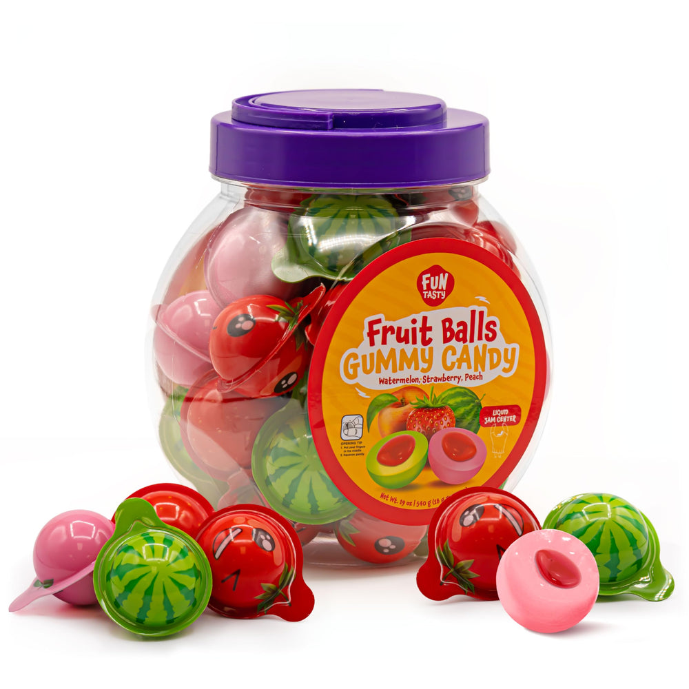 FUNTASTY Fruit Gummy Balls Mix jar front view, perfect for party favors