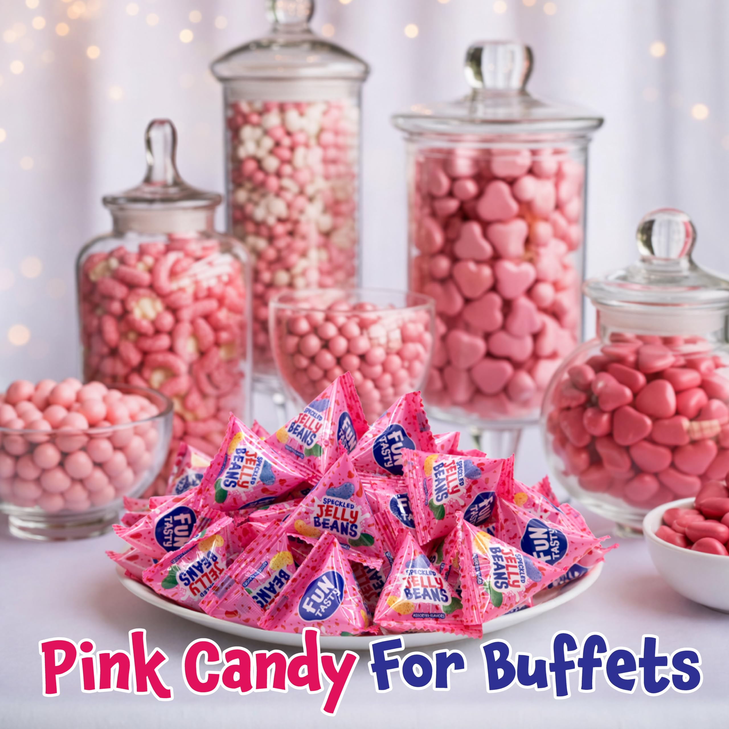 FUNTASTY Jelly Beans pink candy display ideal for themed showers and buffets.
