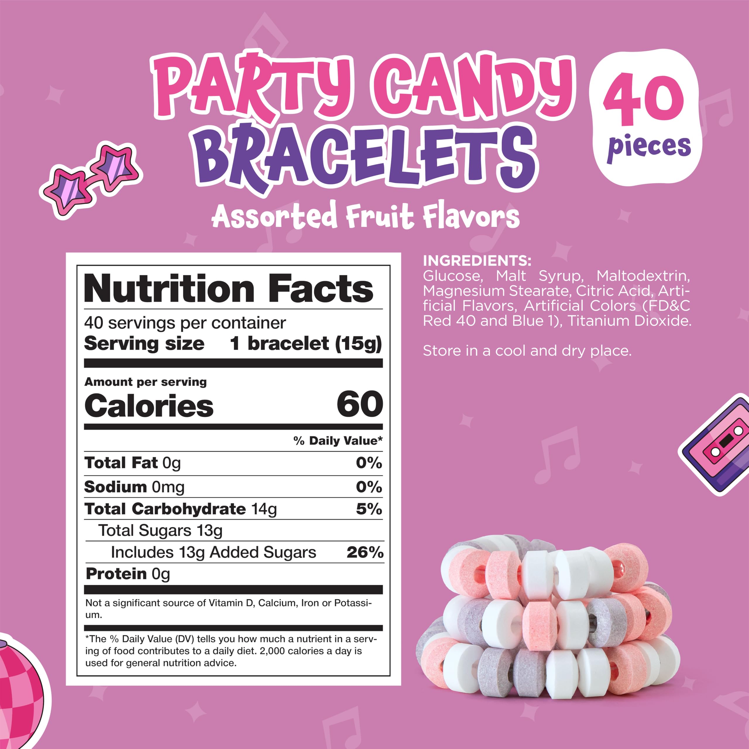 Pastel bead bracelets with pink candy for party favors and decor.