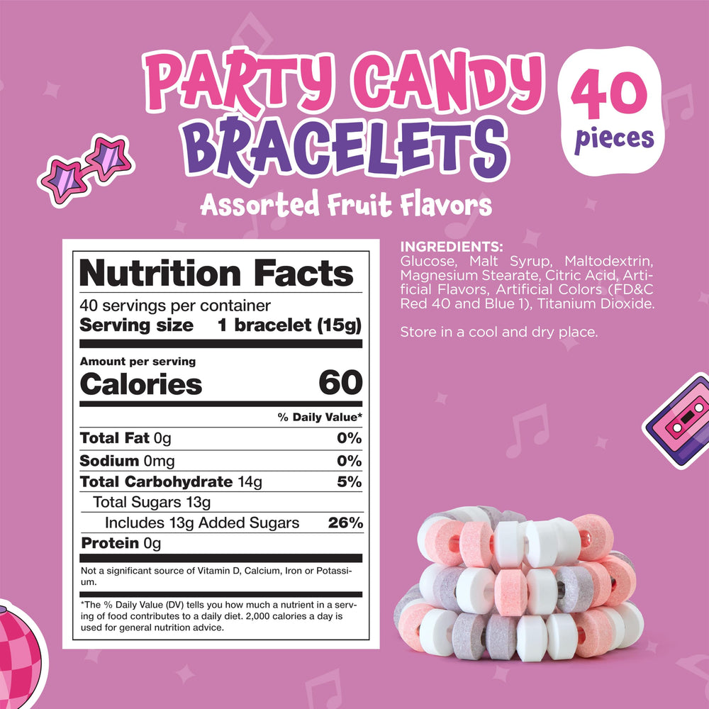 Pastel bead bracelets with pink candy for party favors and decor.