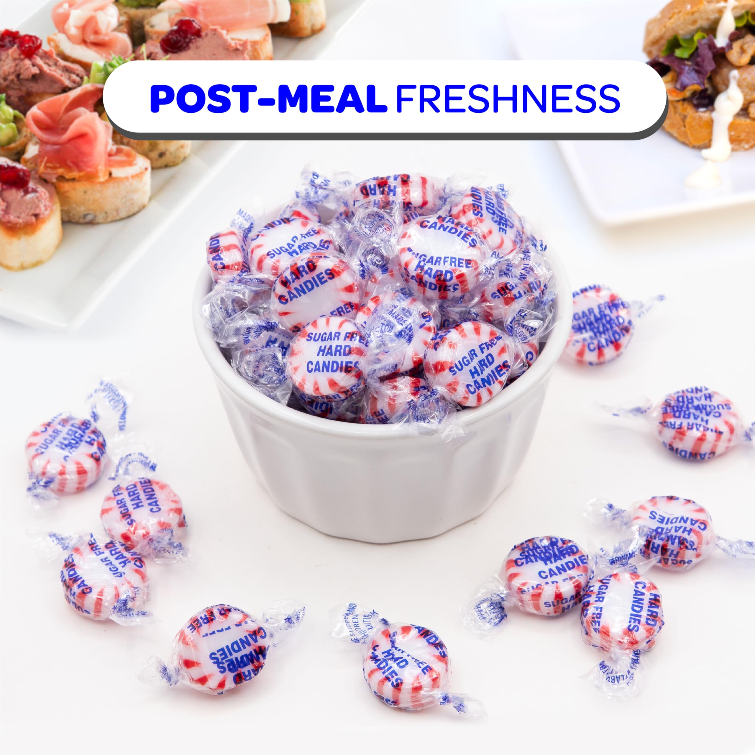Individually wrapped mints shown for on-the-go freshness and convenience.