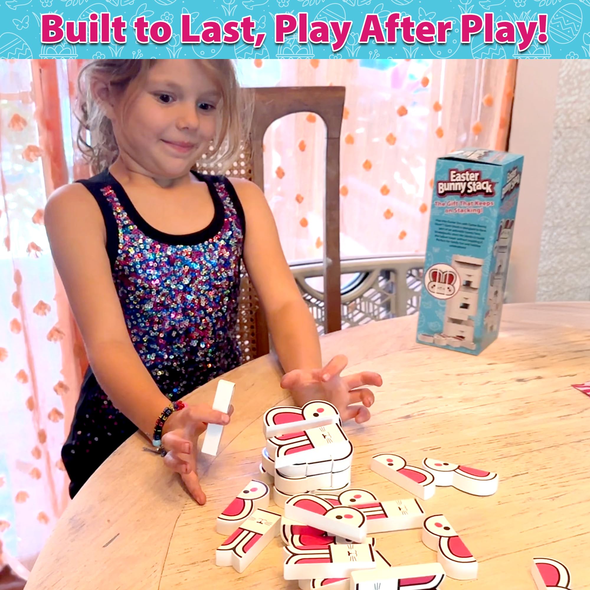 Funwares Bunny Stack kids outdoors playing with portable wooden blocks for backyard fun