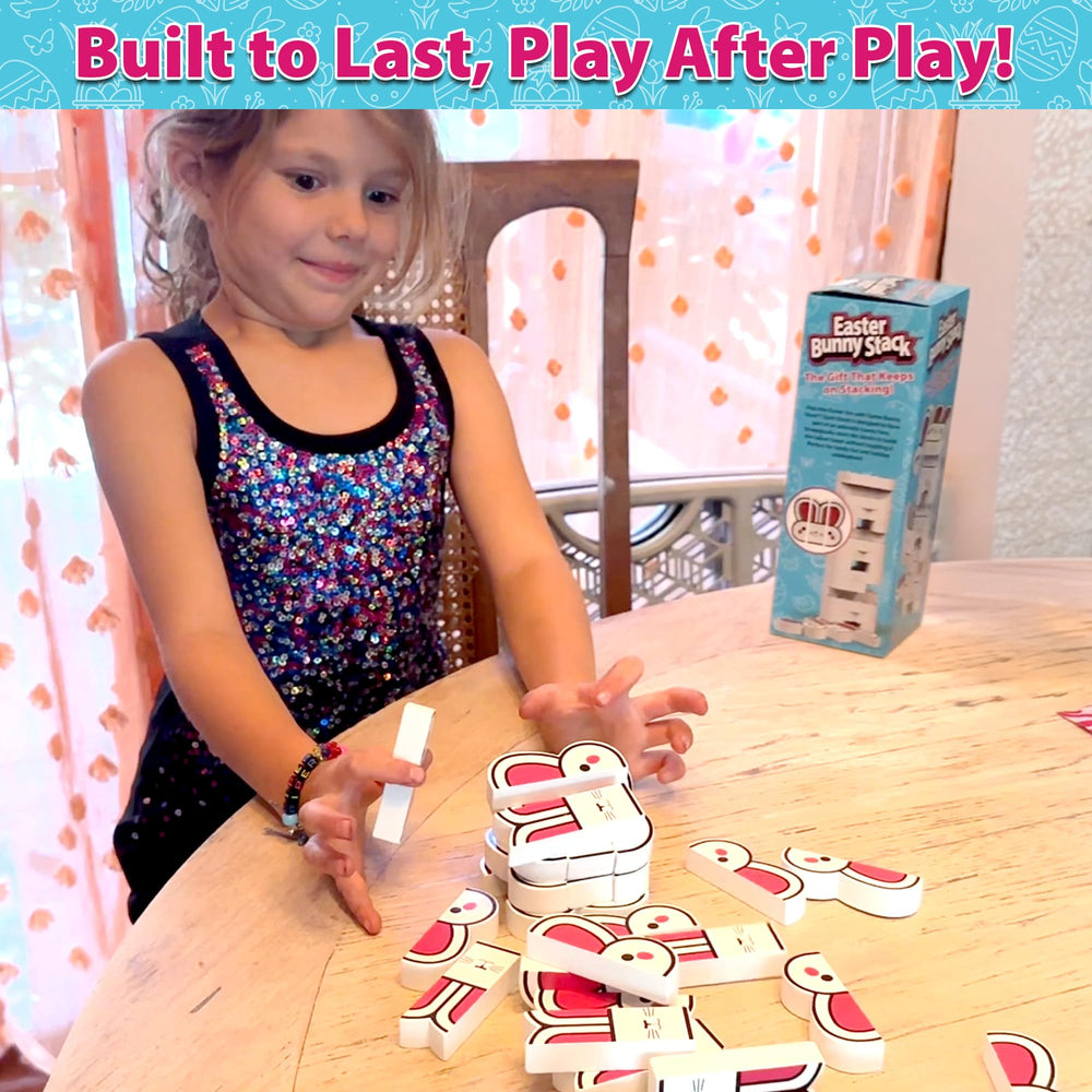 Funwares Bunny Stack kids outdoors playing with portable wooden blocks for backyard fun