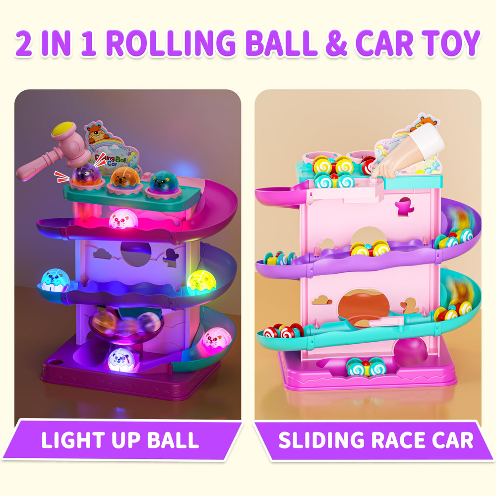 Funwee 2-in-1 rolling ball ramp ball-drop action demonstrates cause-and-effect play
