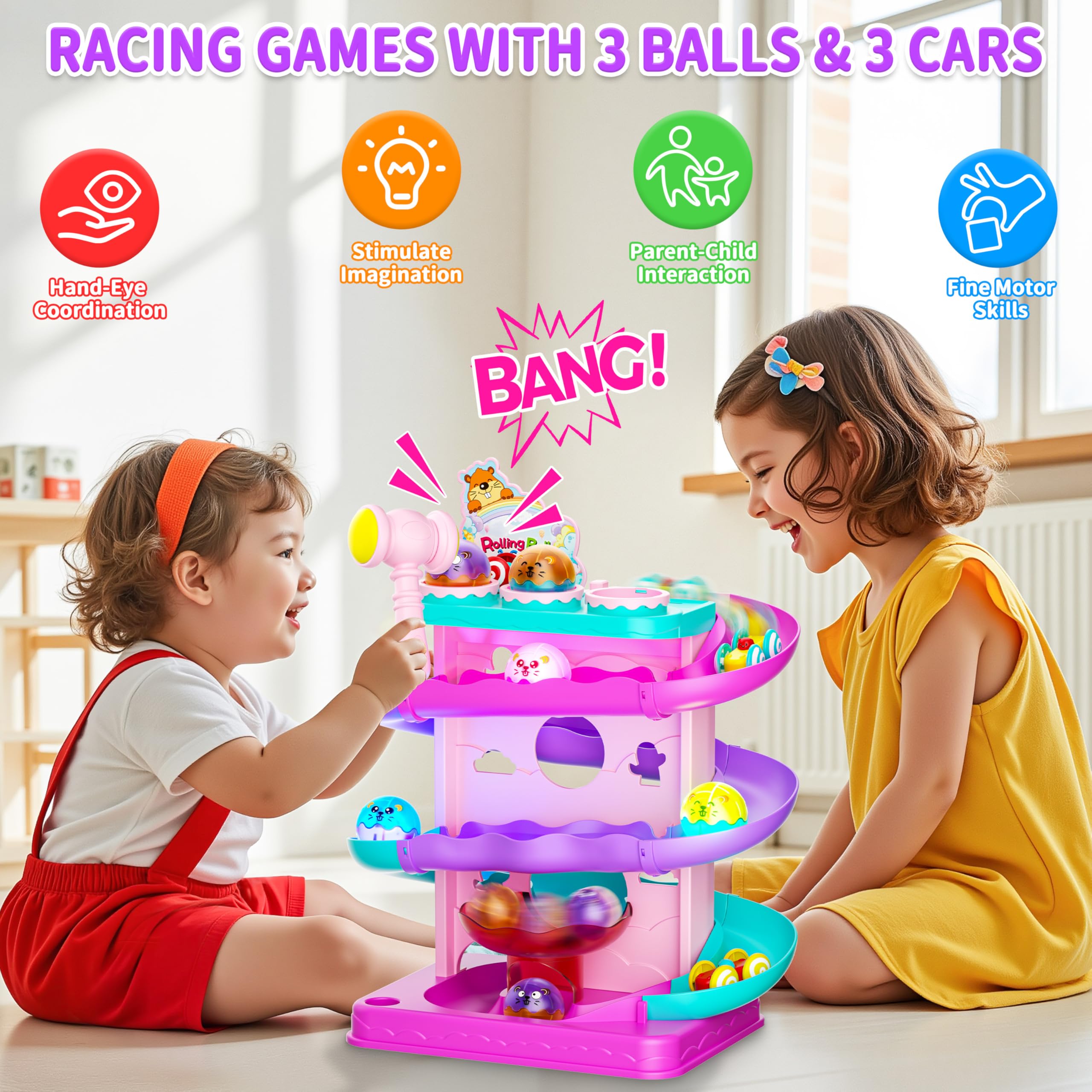 Funwee 2-in-1 racing car launch shows cars racing down ramp