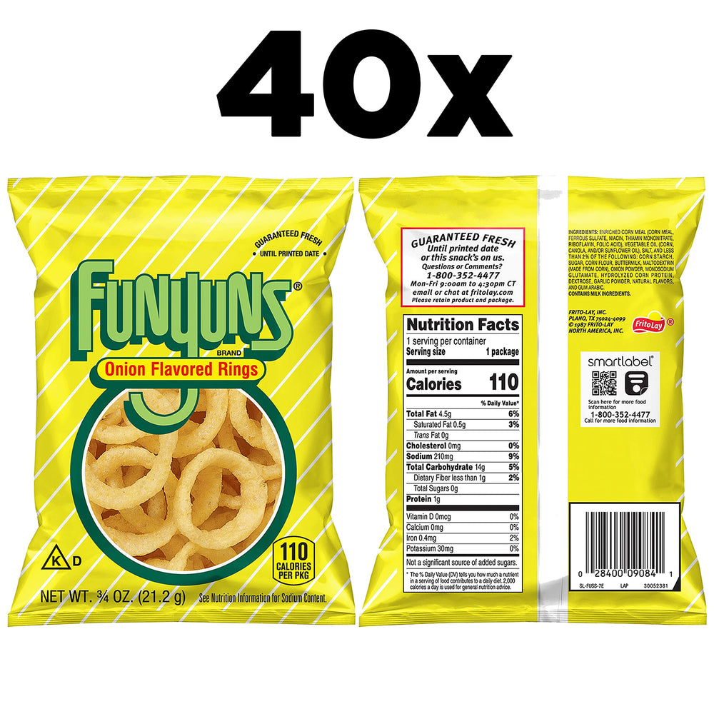 Funyuns onion rings bag-open highlights crispy texture and savory onion flavor.