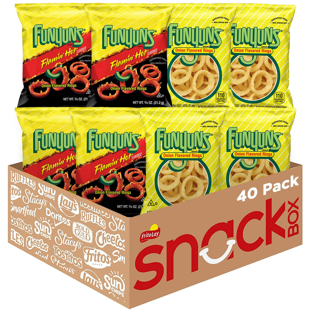 Funyuns Variety Pack with 40 bags showing both Original and Flamin' Hot onion rings.