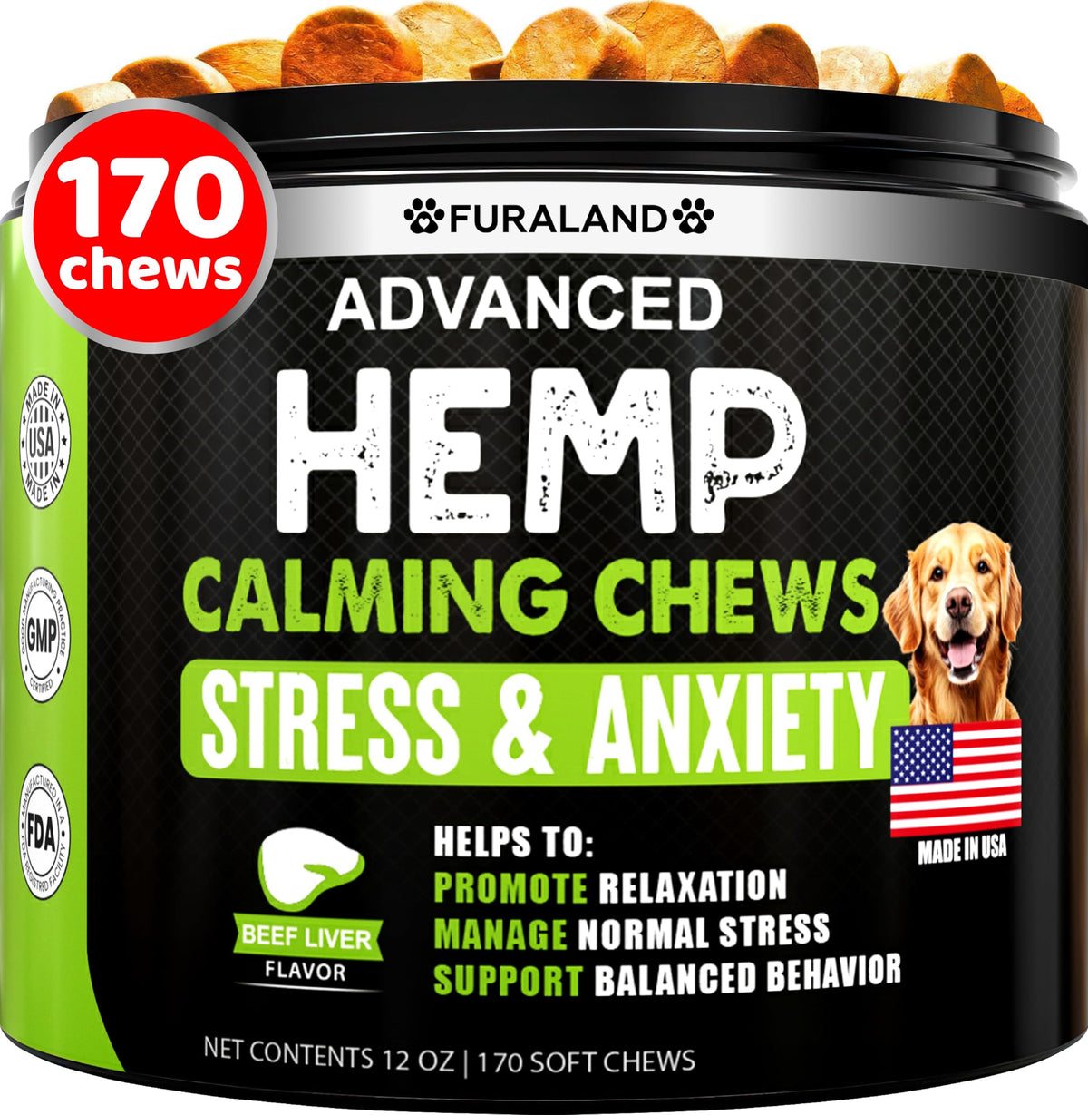 FURALAND hemp calming chews for dogs pack image shows calm-focused packaging and potential stress relief use.