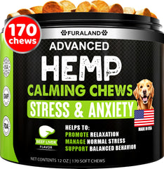 FURALAND hemp calming chews for dogs pack image shows calm-focused packaging and potential stress relief use.