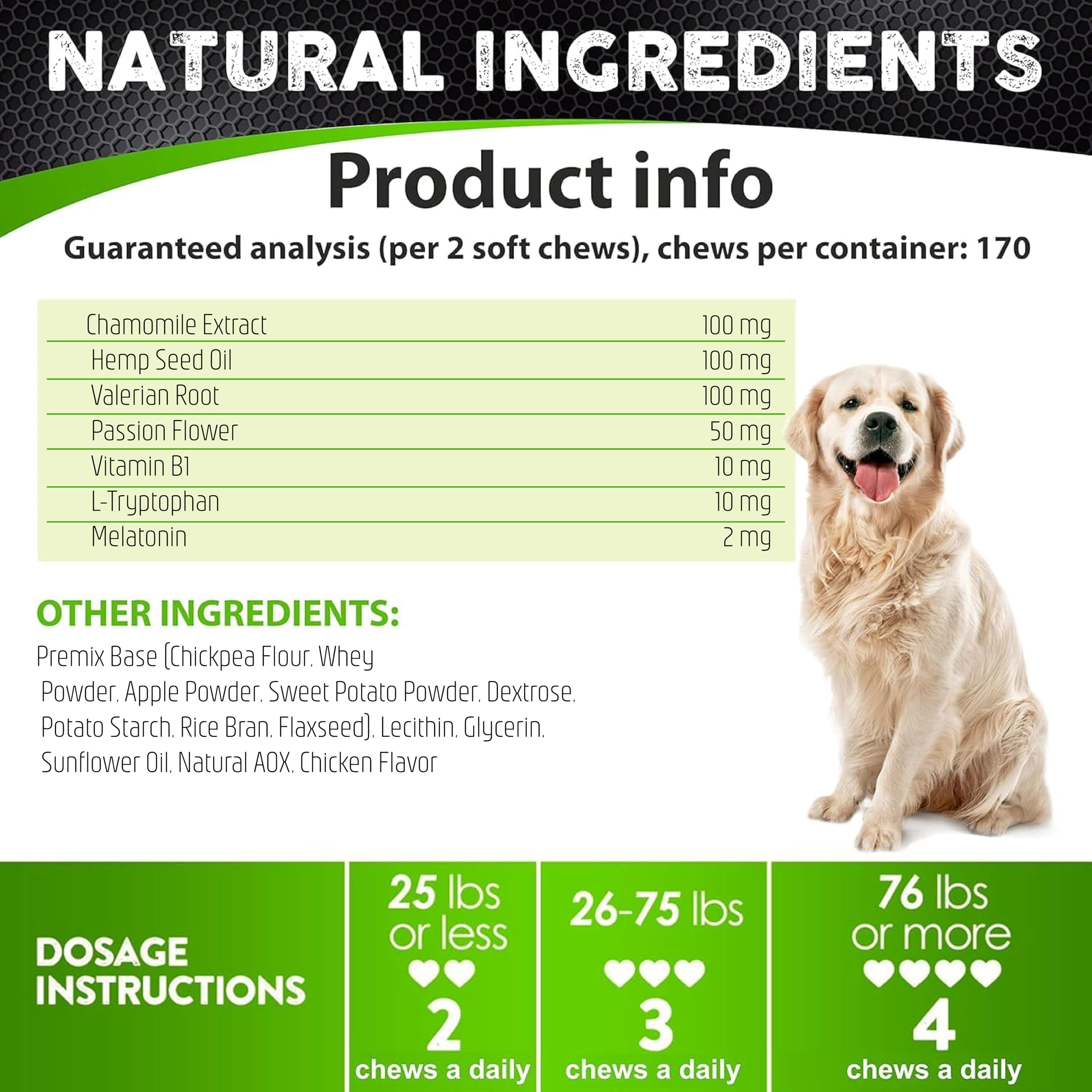 FURALAND hemp calming chews label image emphasizes USA-made quality and natural ingredients.