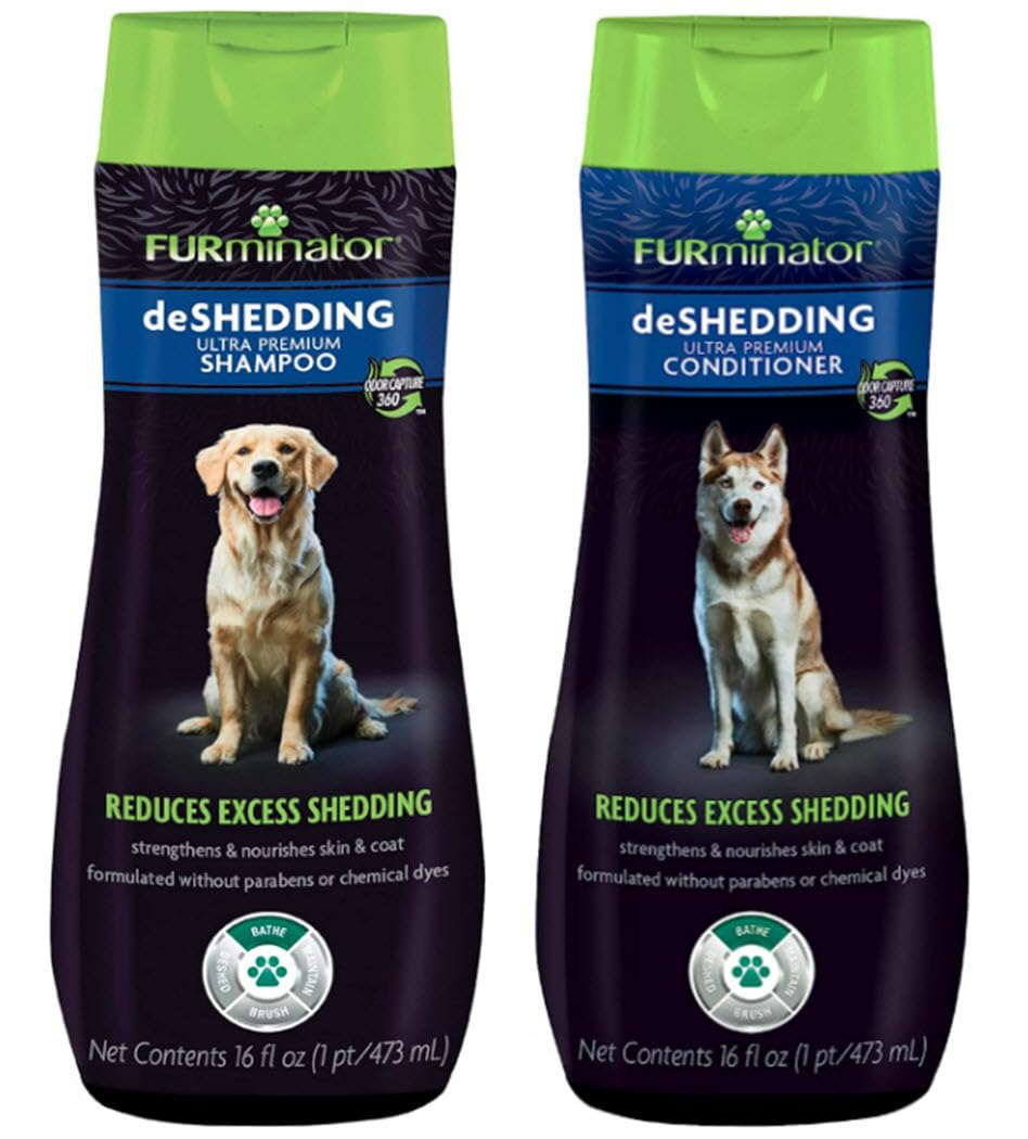 FURminator Deshedding Shampoo bottle being poured for smoother, healthier coat.