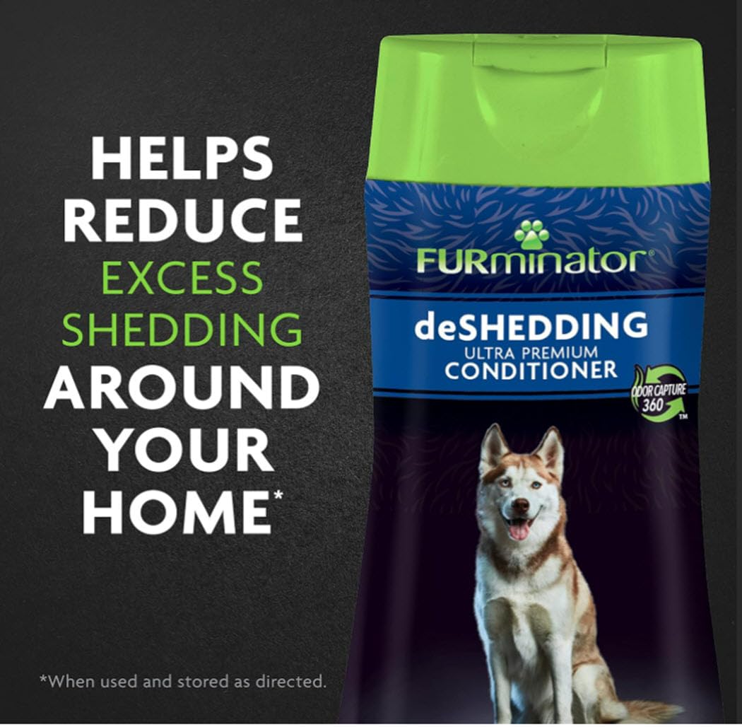 FURminator Deshedding Ultra Premium Conditioner bottle for nourished skin and coat.