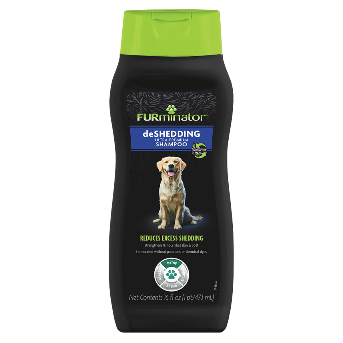 FURminator Ultra Premium Deshedding Shampoo bottle shown for at-home shedding reduction.