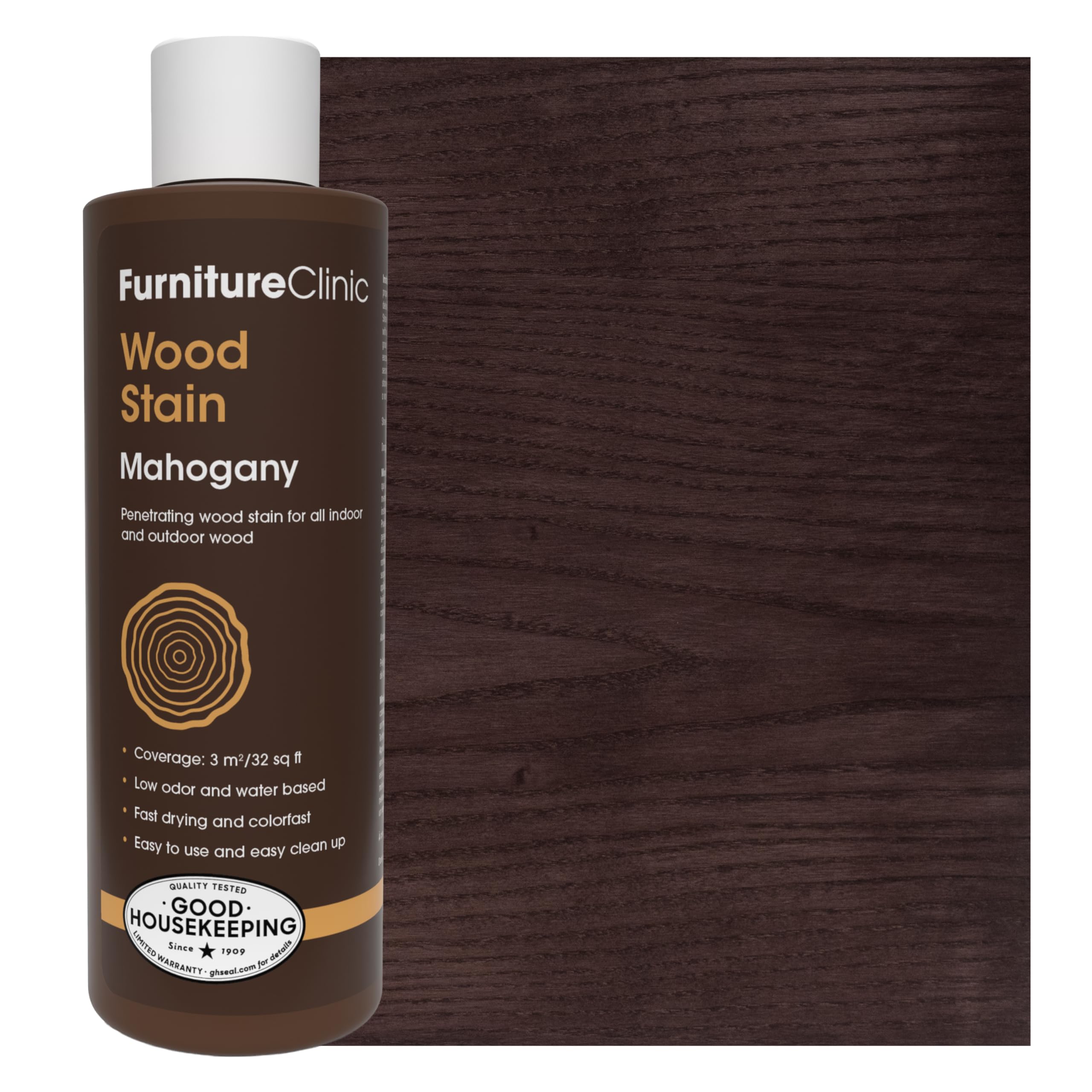 Furniture Clinic Wood Stain Mahogany bottle showing rich color for furniture refinishing