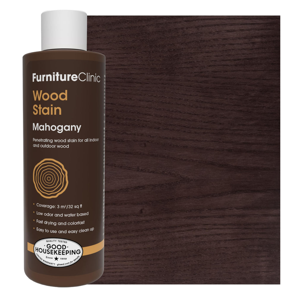 Furniture Clinic Wood Stain Mahogany bottle showing rich color for furniture refinishing