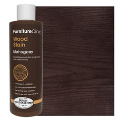 Furniture Clinic Wood Stain Mahogany bottle showing rich color for furniture refinishing