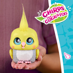 furReal Handfuls Chirps the Cockatoo shows a soft yellow tuft for tactile cuddle appeal.