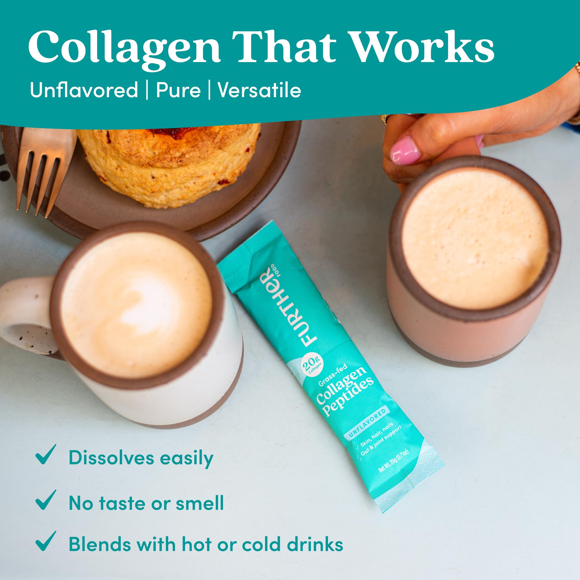 Further Food Collagen Peptides coffee-mug shot suggests easy mix into morning coffee.