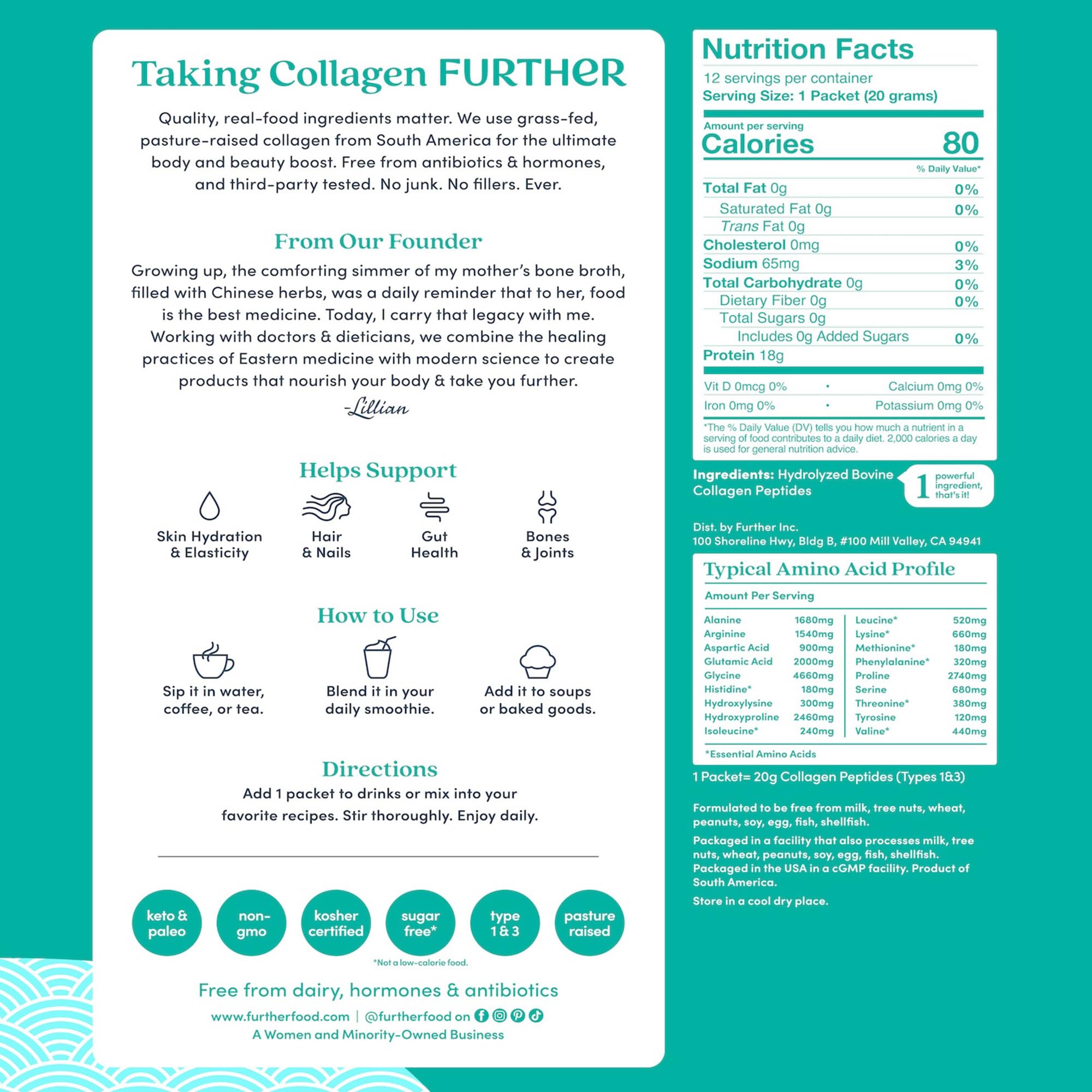 Further Food Collagen Peptides fridge-storage image emphasizes freshness and quick daily add-ons.