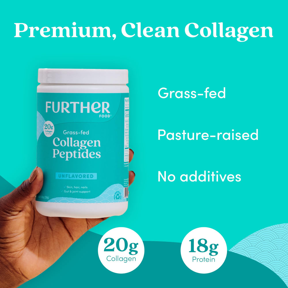 Further Food collagen powder pouring into coffee for a quick protein boost.