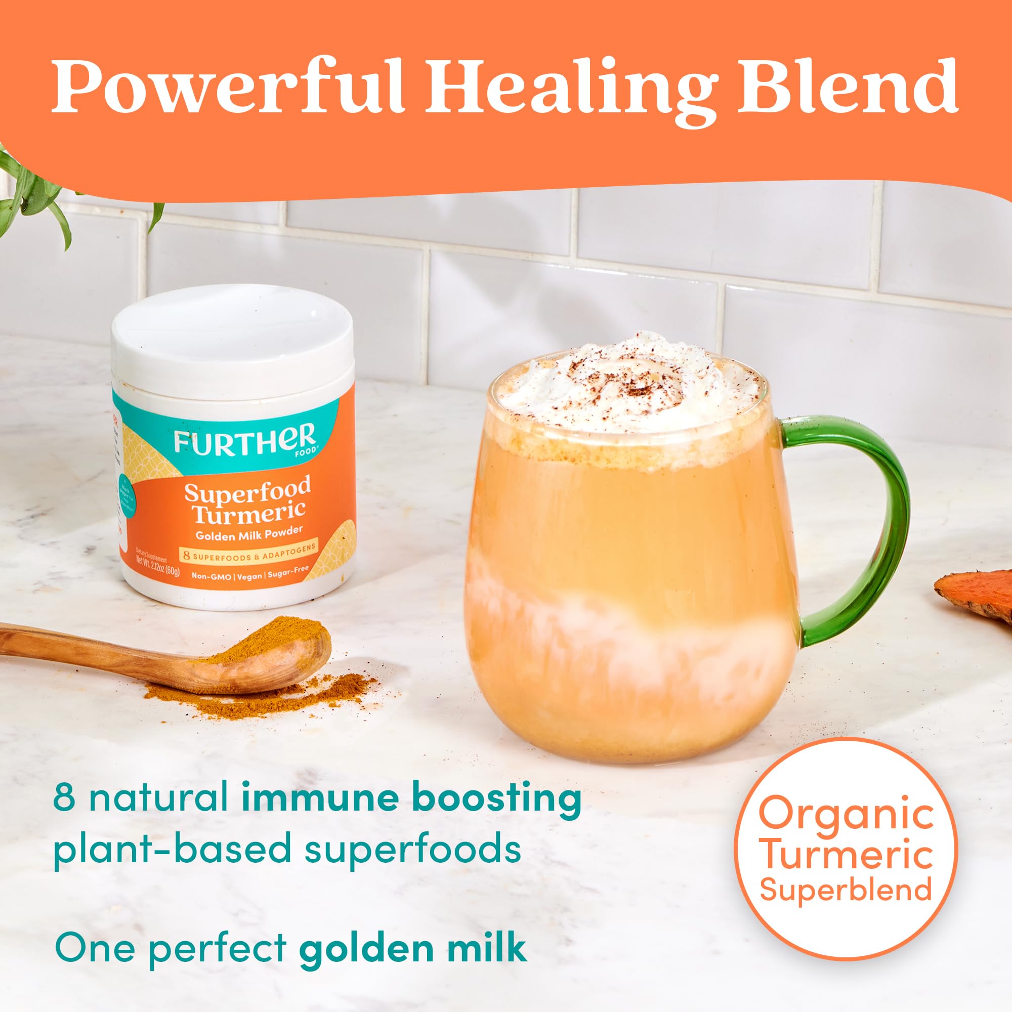 Further Food turmeric powder canister beside cinnamon sticks to elevate soups and stews.