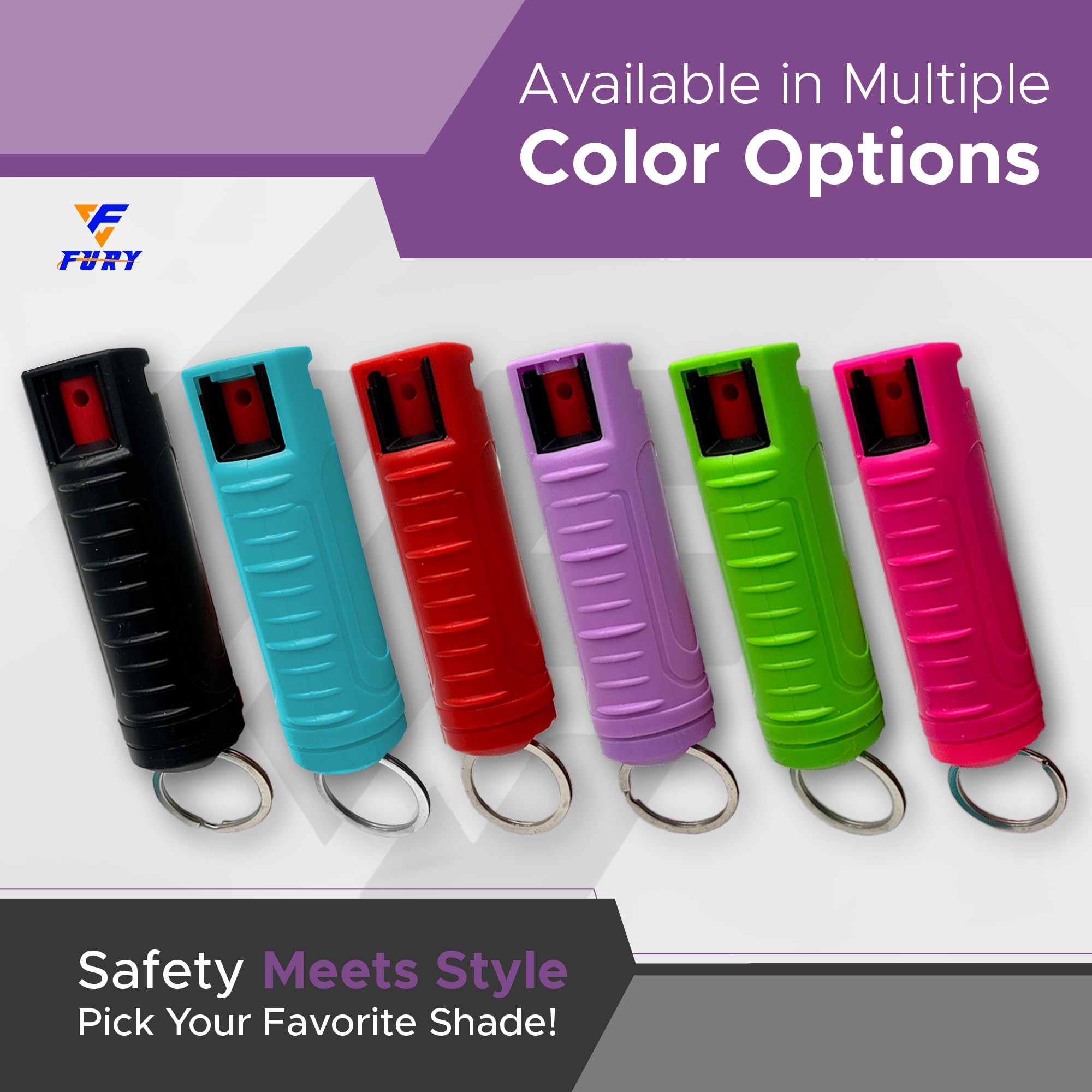 FURY Hardshell Pepper Spray with belt clip and key ring for easy access.