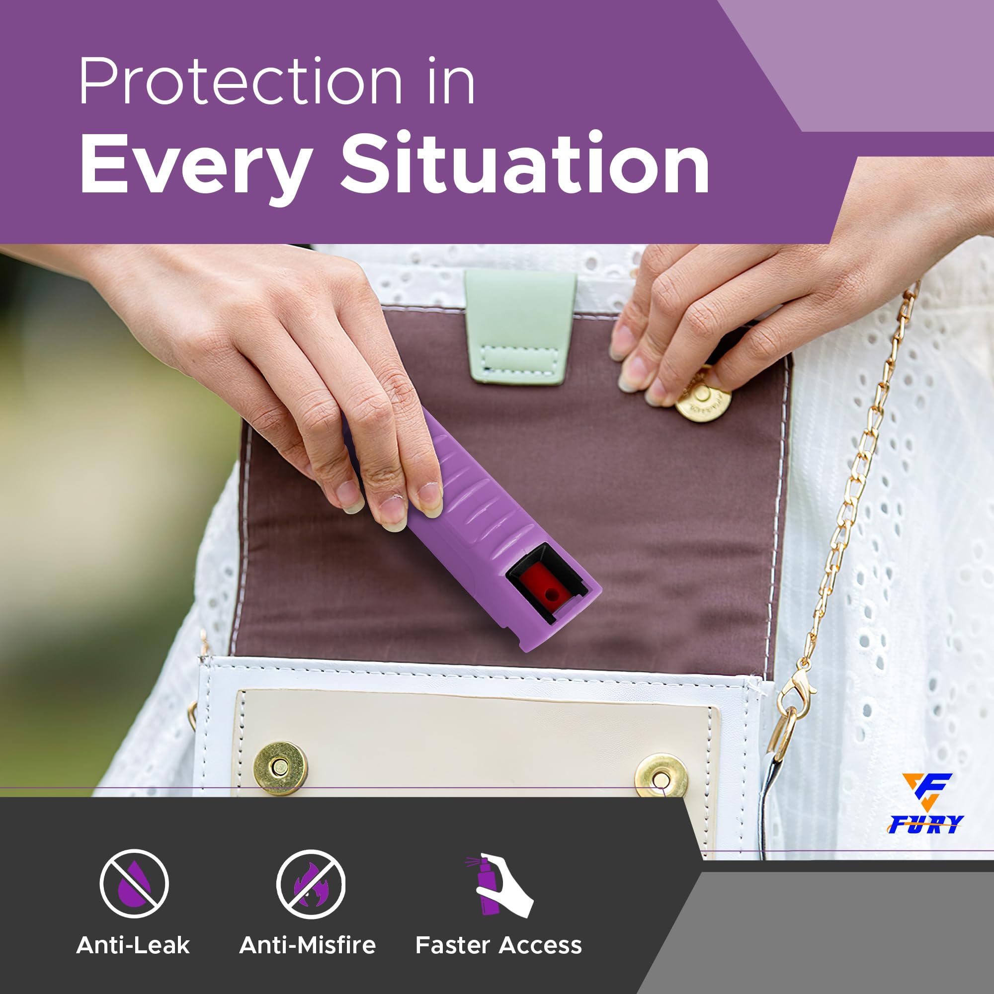 FURY Hardshell Pepper Spray in-use image illustrating safe handling and reach.