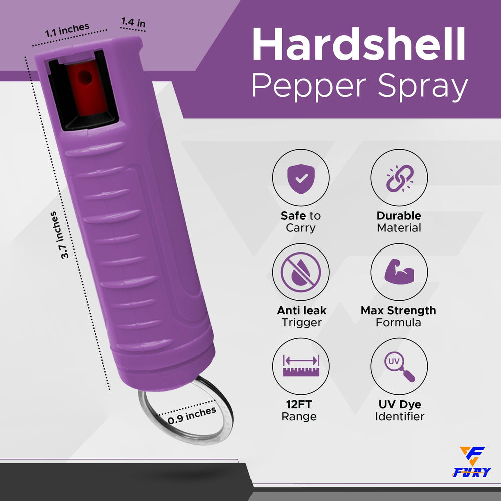 FURY Hardshell Pepper Spray with UV dye marks attackers for identification.