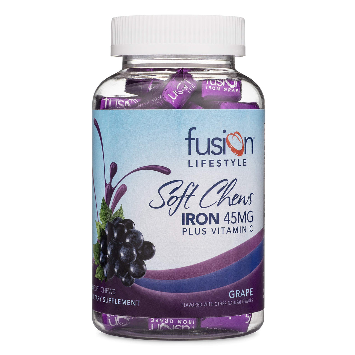 Fusion Lifestyle chewable iron bottle featuring grape flavor for convenient daily use.