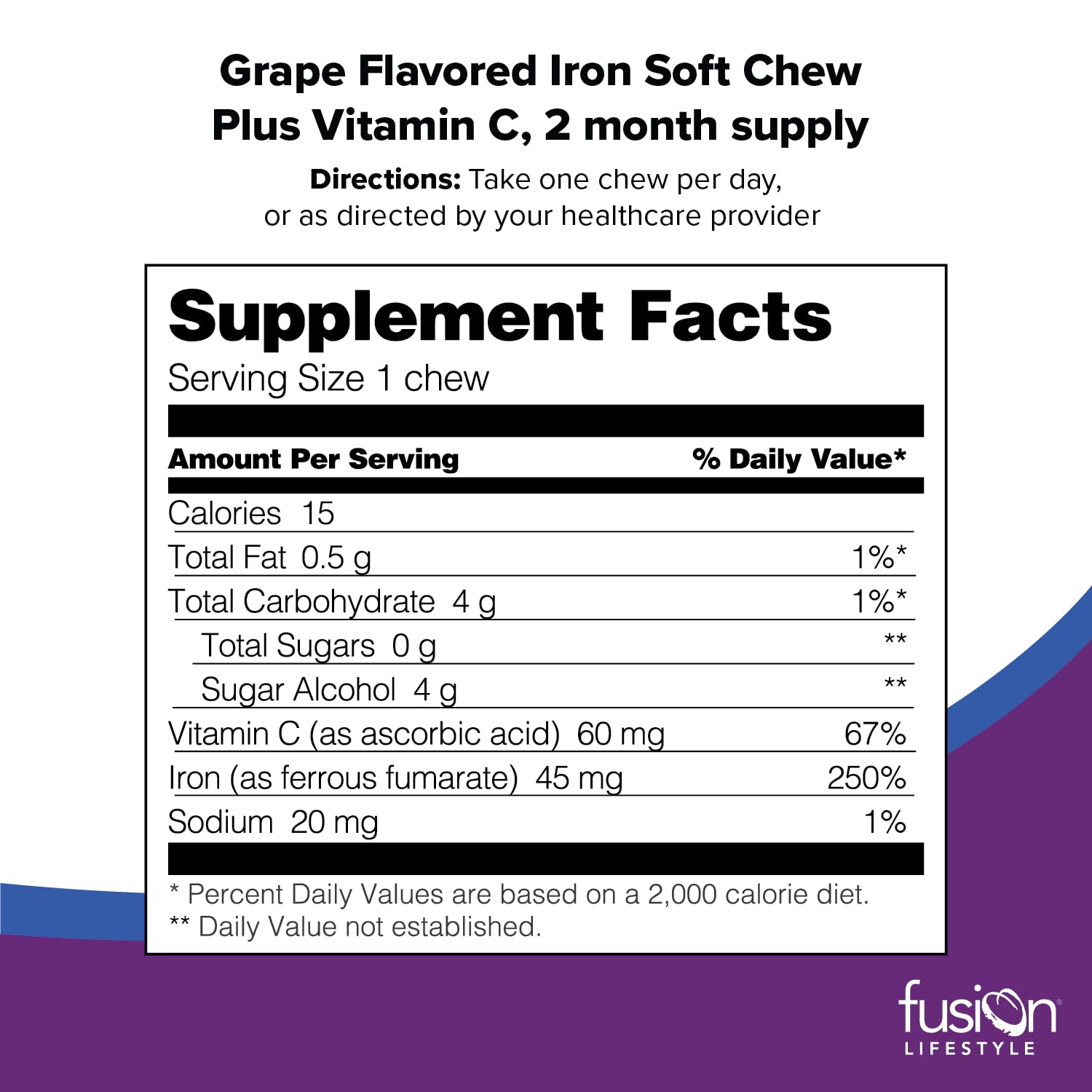 Fusion Lifestyle chewable iron grape soft chews for easy iron intake.