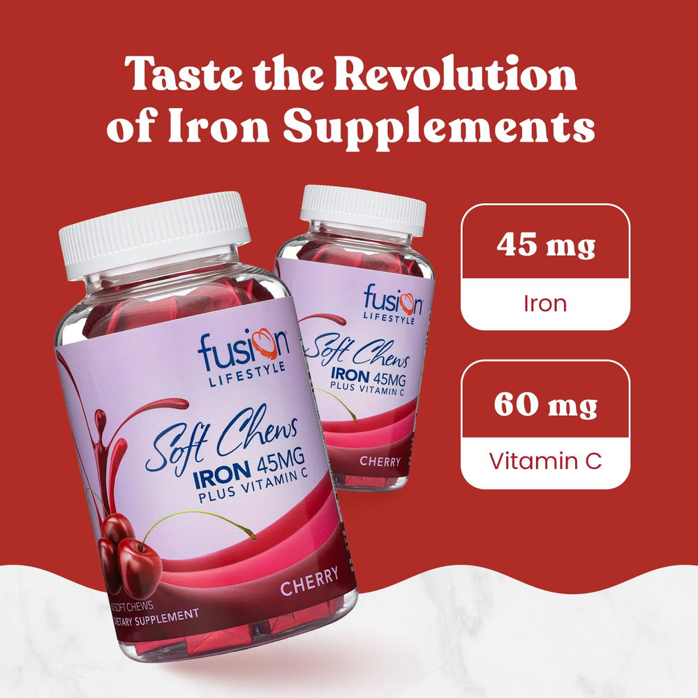 Fusion Lifestyle iron soft chews cherry flavor close-up showing texture.