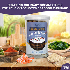 Close-up of Fusion Select Furikake shrimp and bonito flakes highlighting texture and richness.