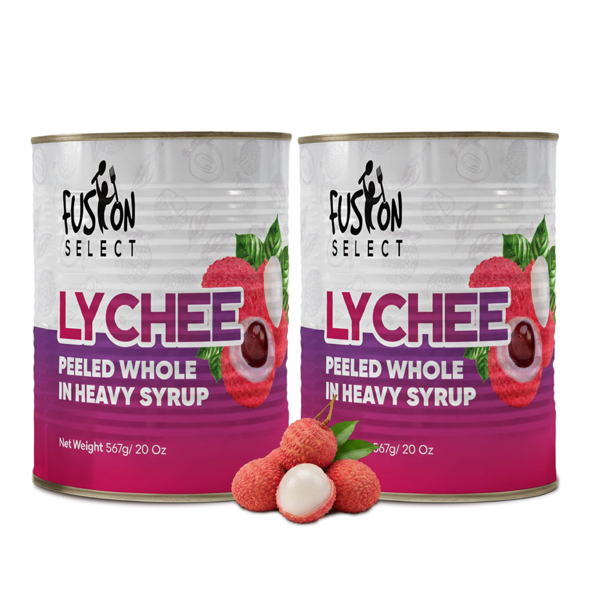 Fusion Select lychee can with peeled whole fruit in syrup, ready to serve.