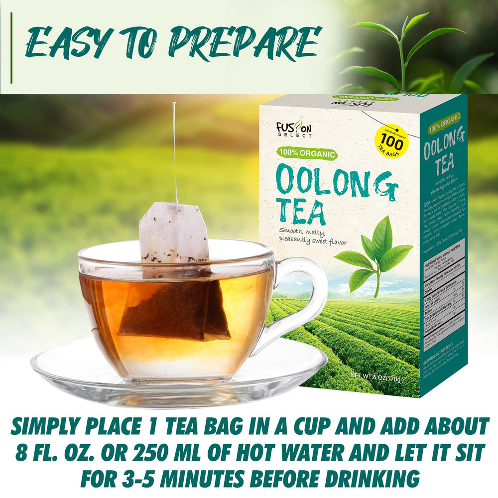 Fusion Select Oolong tea bags in a mug, showing convenient single-serve steep.