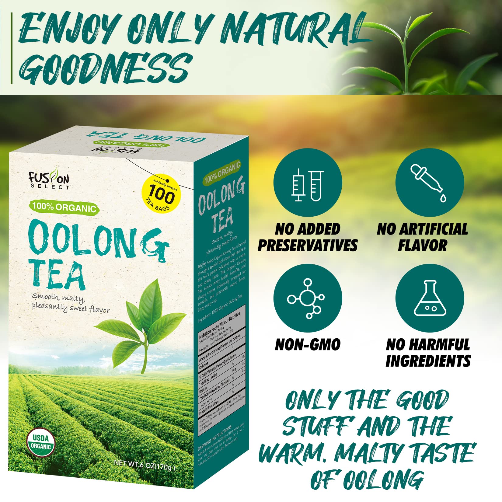 Fusion Select Oolong tea bags steeping in a glass cup with a calm, amber brew.