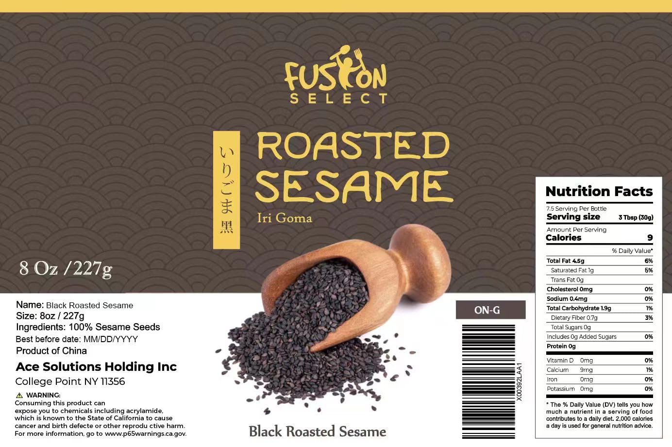 Fusion Select roasted black sesame seeds bowl closeup shows rich nutty aroma and crisp texture