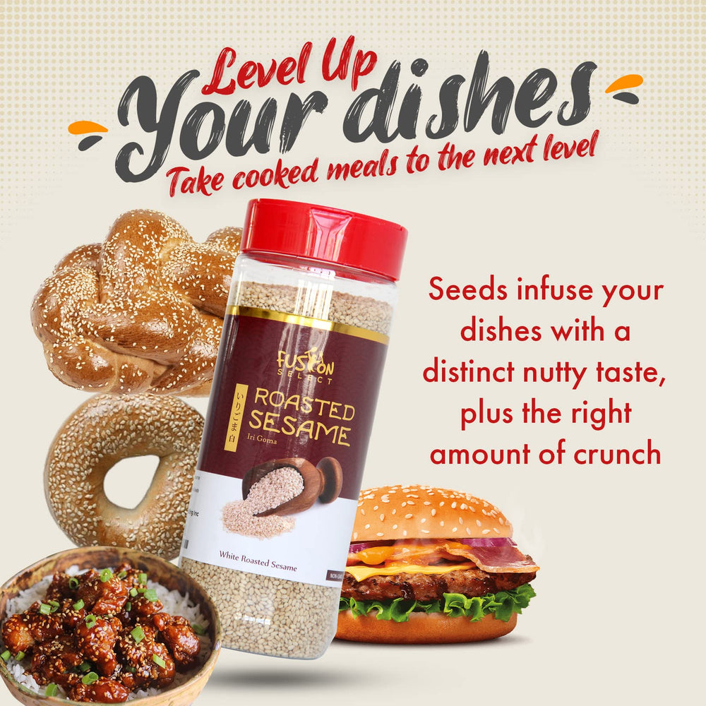 Fusion Select Roasted White Sesame Seeds sprinkled on noodles for nutty depth and crunch